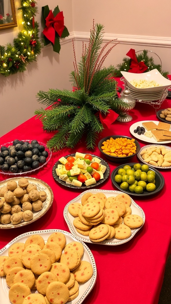 A festive Christmas buffet table with meatballs, cheese platter, roasted vegetables, and holiday cookies.